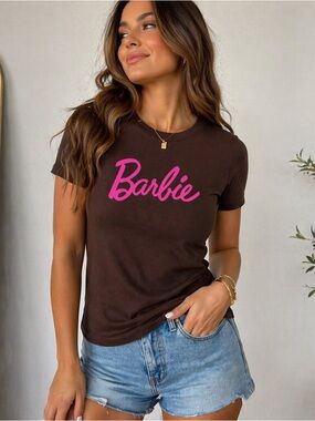Barbie Short Sleeve Crewneck Tee in Brown with Pink Logo